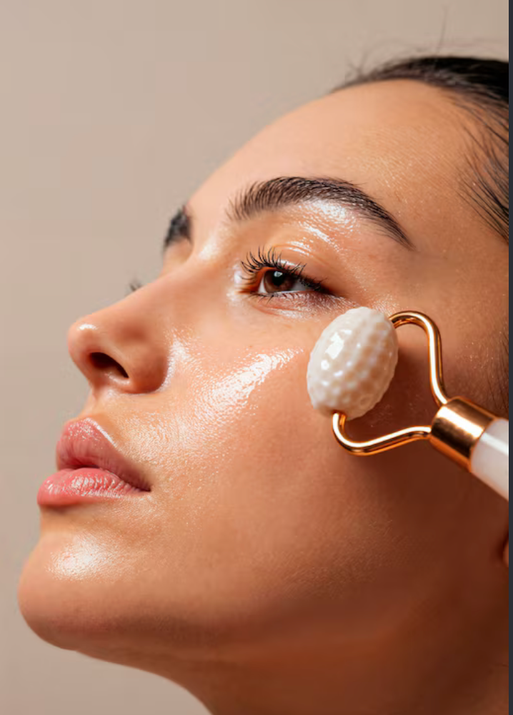 Visage lumineux pendant une routine de skincare coréenne avec un rouleau de massage