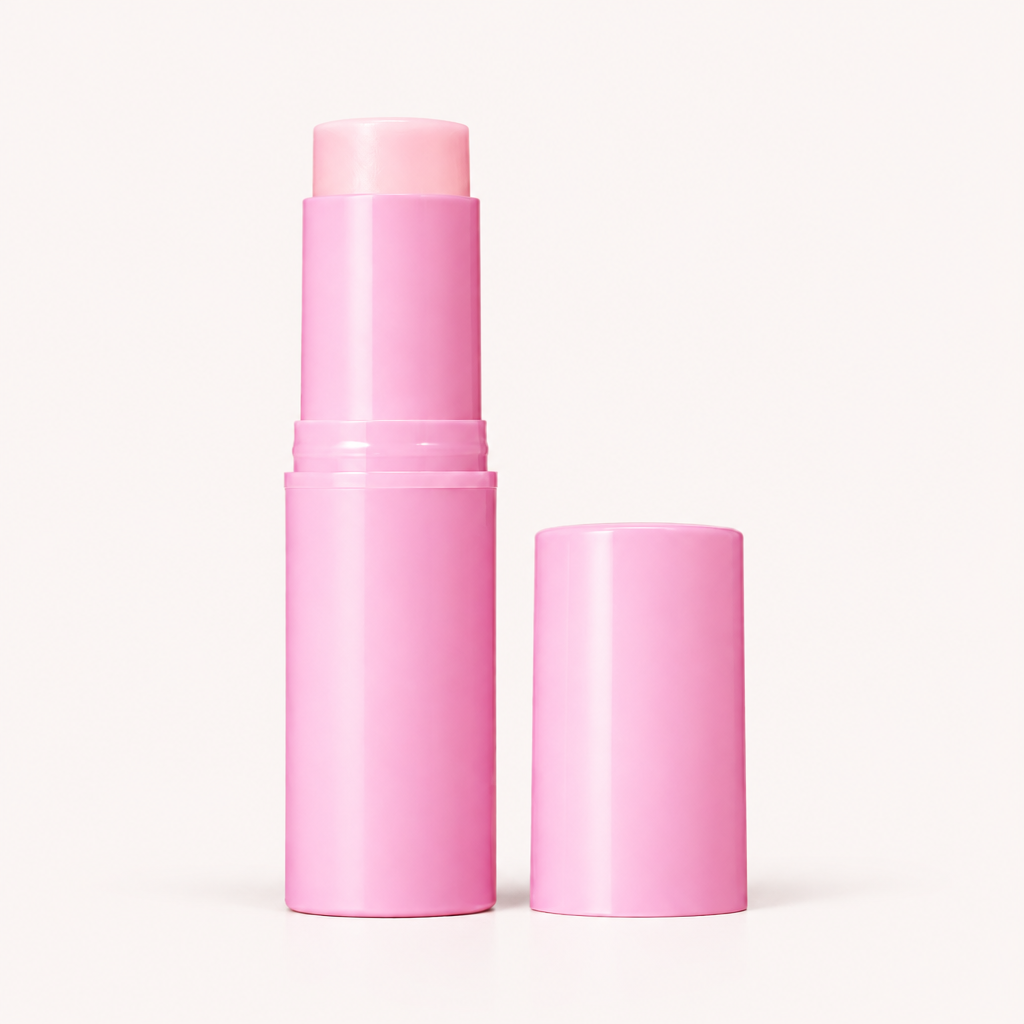 Baume rose et capuchon sur fond rose très clair #fcf7f6