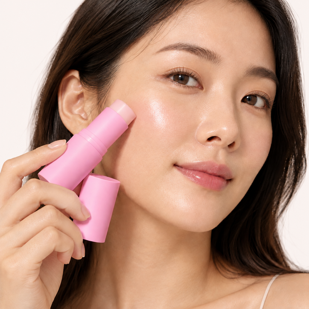 Femme appliquant le baume, fond #fcf7f6