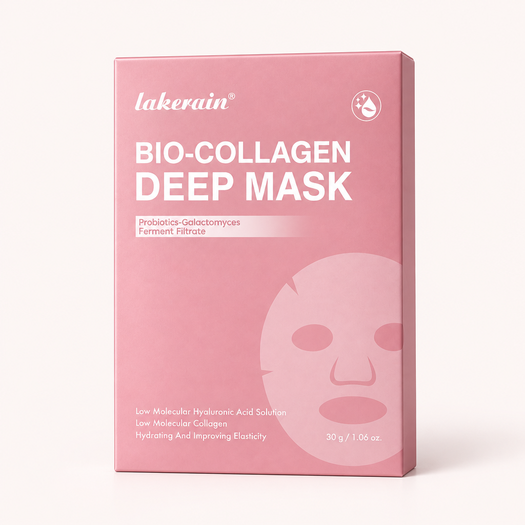 Boîte du masque Bio-Collagen Deep Mask sur fond rose très clair #fcf7f6