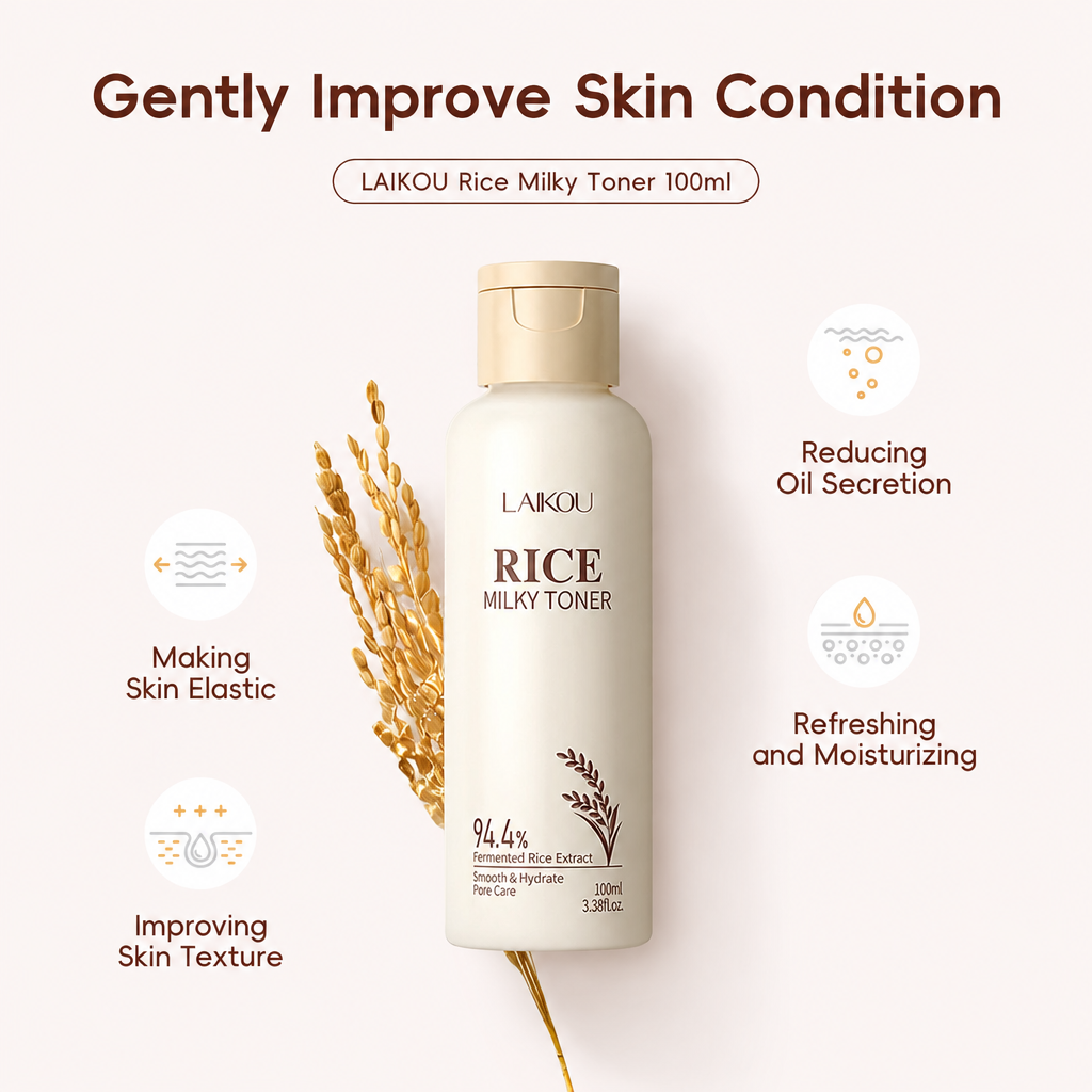 Lotion tonique au riz LAIKOU sur fond #fcf7f6